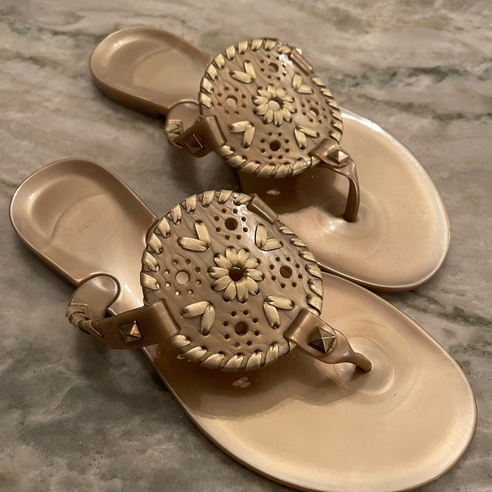 Size 1, Gold colored, Girls Jack Rogers Flat Jelly Thong Sandals